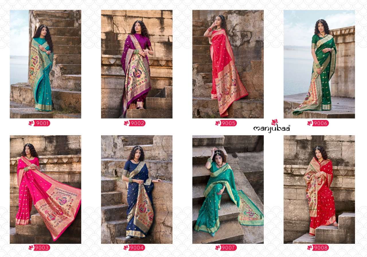 MAHAVANI SILK BY MANJUBAA CLOTHING 9001 TO 9008 SERIES INDIAN TRADITIONAL WEAR COLLECTION BEAUTIFUL STYLISH FANCY COLORFUL PARTY WEAR & OCCASIONAL WEAR SILK SAREES AT WHOLESALE PRICE