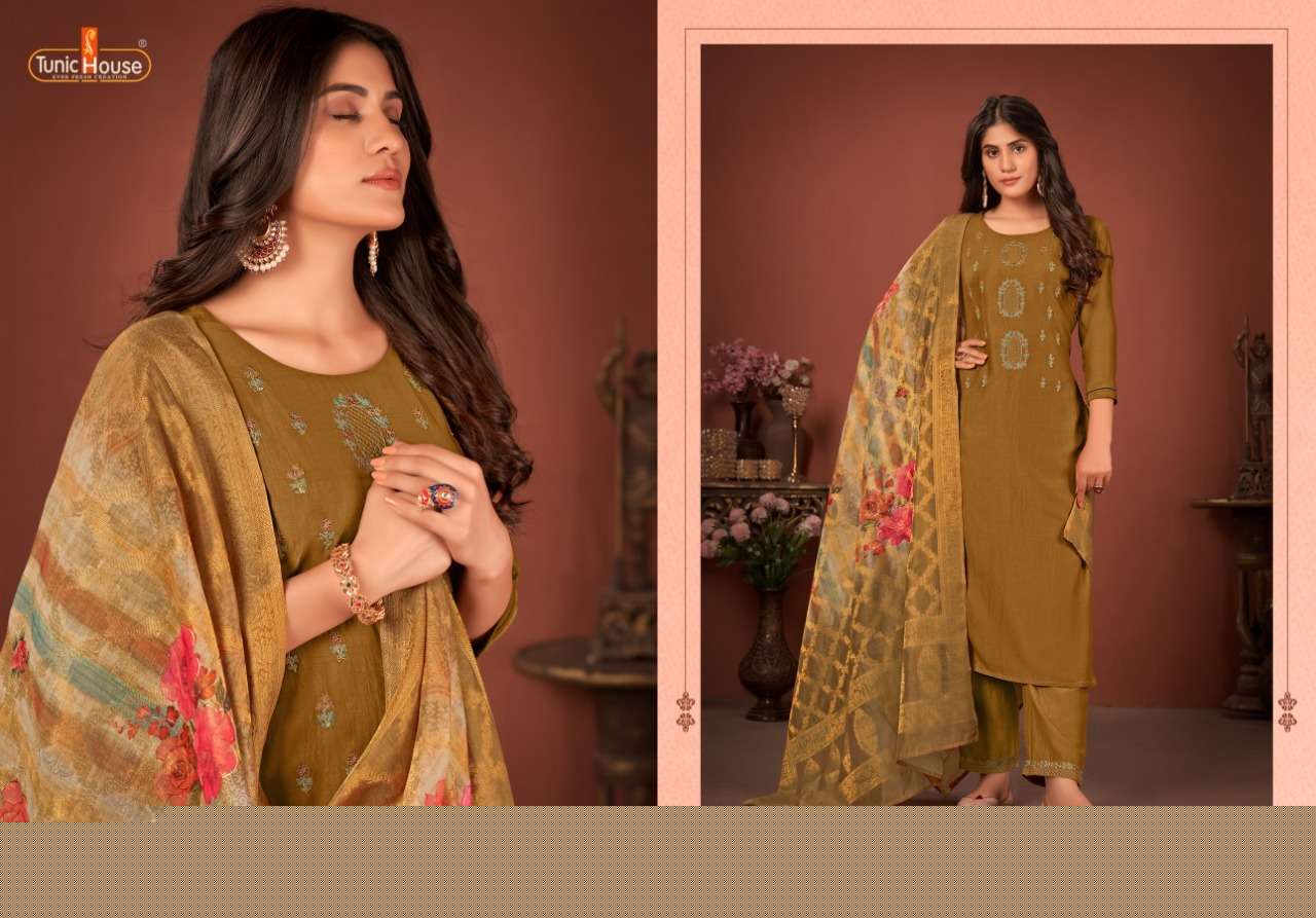 HASEENA BY TUNIC HOUSE 14001 TO 14005 SERIES BEAUTIFUL SUITS COLORFUL STYLISH FANCY CASUAL WEAR & ETHNIC WEAR SOFT SILK EMBROIDERED DRESSES AT WHOLESALE PRICE
