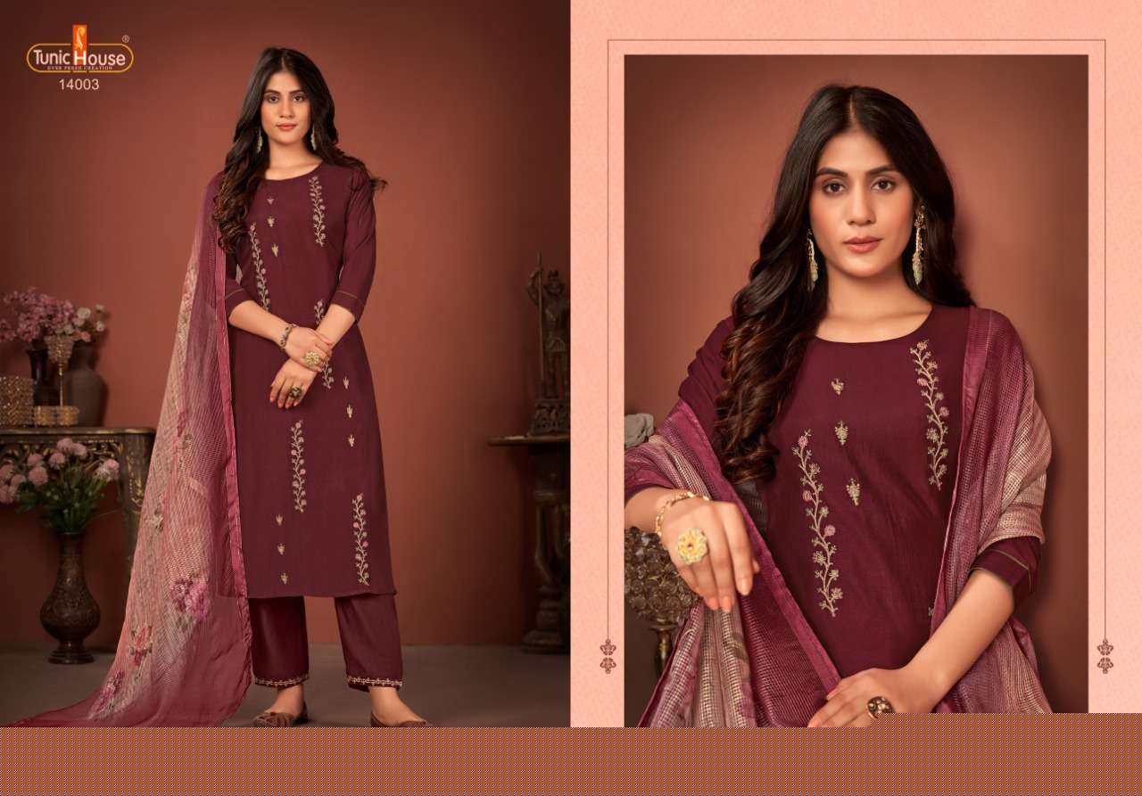 HASEENA BY TUNIC HOUSE 14001 TO 14005 SERIES BEAUTIFUL SUITS COLORFUL STYLISH FANCY CASUAL WEAR & ETHNIC WEAR SOFT SILK EMBROIDERED DRESSES AT WHOLESALE PRICE