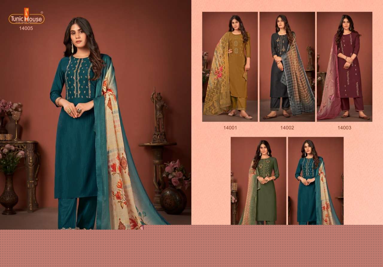 HASEENA BY TUNIC HOUSE 14001 TO 14005 SERIES BEAUTIFUL SUITS COLORFUL STYLISH FANCY CASUAL WEAR & ETHNIC WEAR SOFT SILK EMBROIDERED DRESSES AT WHOLESALE PRICE
