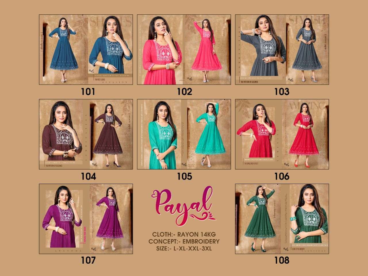 PAYAL BY BEAUTY QUEEN 101 TO 108 SERIES DESIGNER STYLISH FANCY COLORFUL BEAUTIFUL PARTY WEAR & ETHNIC WEAR COLLECTION RAYON EMBROIDERY KURTIS AT WHOLESALE PRICE