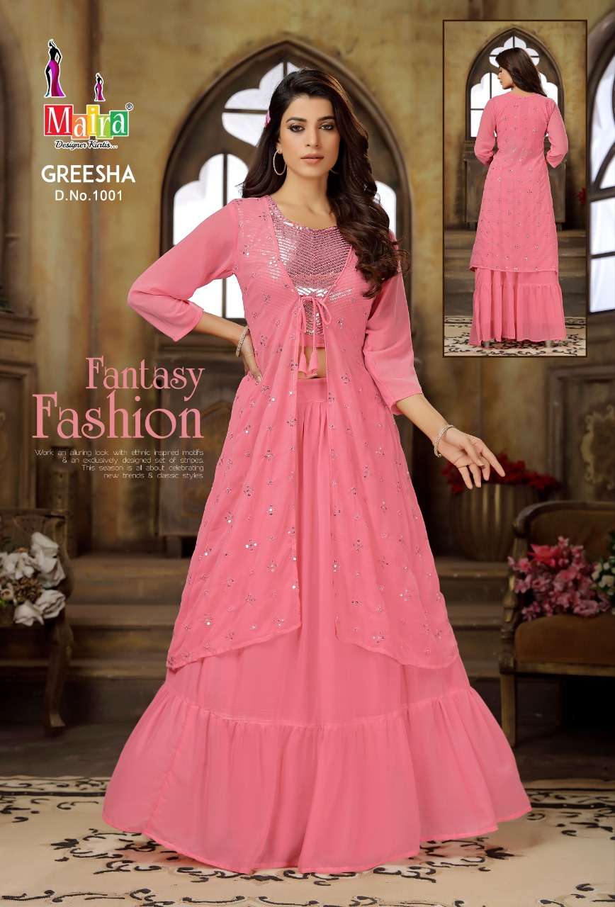GREESHA BY MAIRA 1001 TO 1006 SERIES DESIGNER STYLISH FANCY COLORFUL BEAUTIFUL PARTY WEAR & ETHNIC WEAR COLLECTION HEAVY GEORGETTE TOPS WITH BOTTOM AT WHOLESALE PRICE