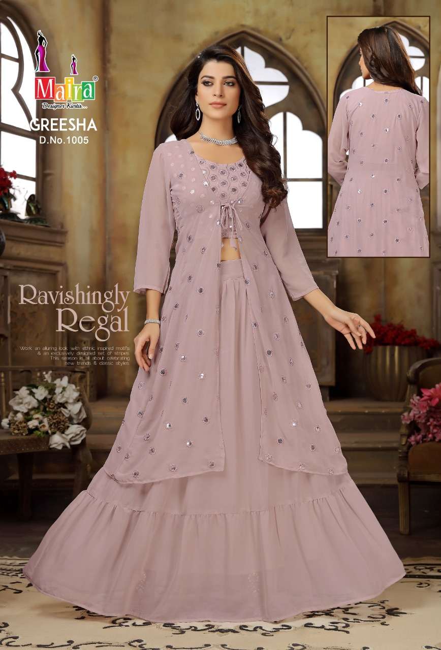 GREESHA BY MAIRA 1001 TO 1006 SERIES DESIGNER STYLISH FANCY COLORFUL BEAUTIFUL PARTY WEAR & ETHNIC WEAR COLLECTION HEAVY GEORGETTE TOPS WITH BOTTOM AT WHOLESALE PRICE