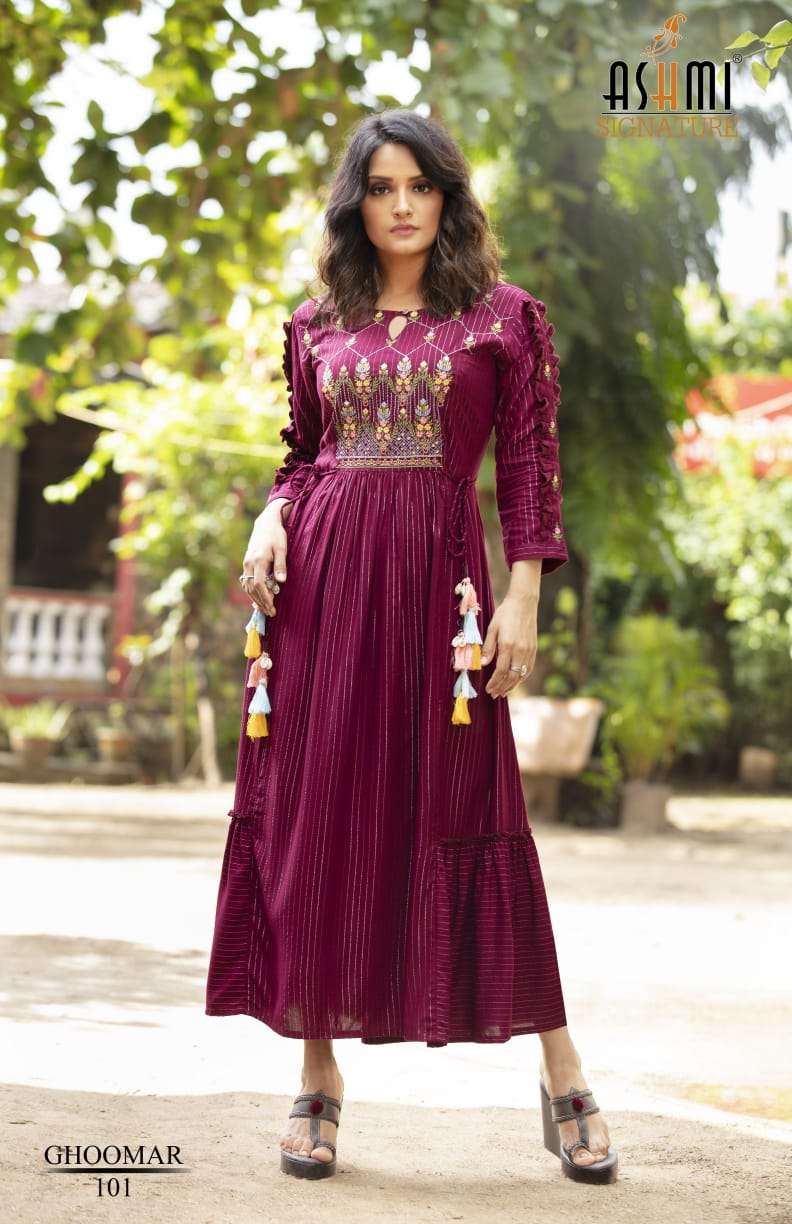 GHOOMAR BY ASHMI 101 TO 108 SERIES BEAUTIFUL STYLISH FANCY COLORFUL CASUAL WEAR & ETHNIC WEAR HEAVY RAYON EMBROIDERED GOWNS AT WHOLESALE PRICE