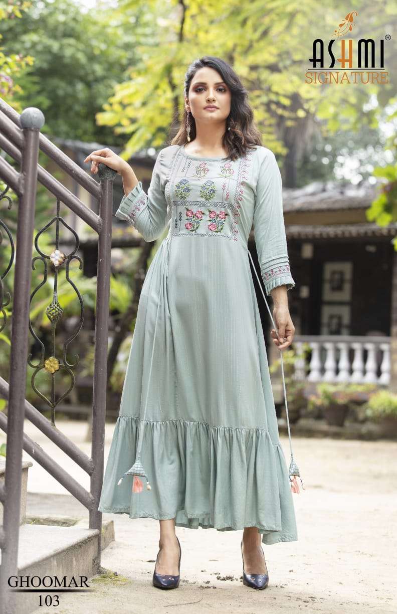 GHOOMAR BY ASHMI 101 TO 108 SERIES BEAUTIFUL STYLISH FANCY COLORFUL CASUAL WEAR & ETHNIC WEAR HEAVY RAYON EMBROIDERED GOWNS AT WHOLESALE PRICE