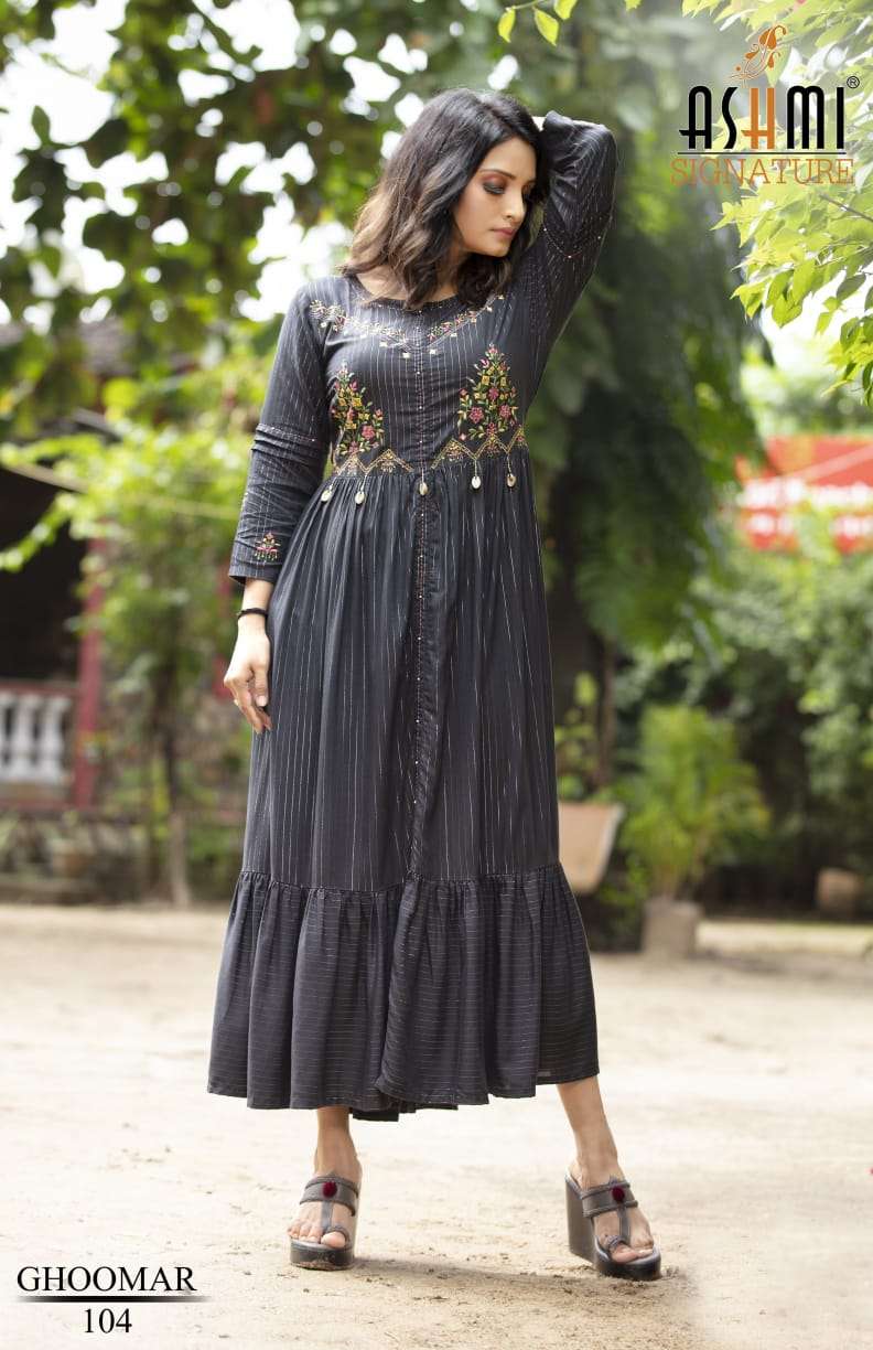GHOOMAR BY ASHMI 101 TO 108 SERIES BEAUTIFUL STYLISH FANCY COLORFUL CASUAL WEAR & ETHNIC WEAR HEAVY RAYON EMBROIDERED GOWNS AT WHOLESALE PRICE