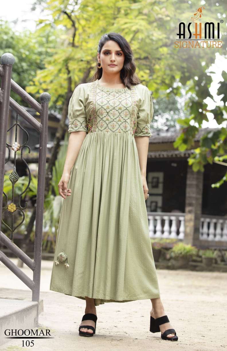 GHOOMAR BY ASHMI 101 TO 108 SERIES BEAUTIFUL STYLISH FANCY COLORFUL CASUAL WEAR & ETHNIC WEAR HEAVY RAYON EMBROIDERED GOWNS AT WHOLESALE PRICE