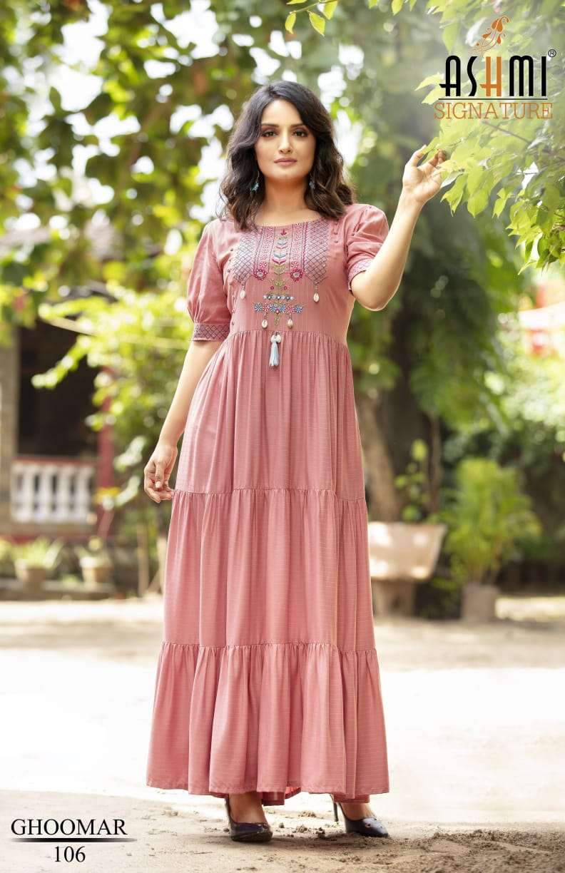 GHOOMAR BY ASHMI 101 TO 108 SERIES BEAUTIFUL STYLISH FANCY COLORFUL CASUAL WEAR & ETHNIC WEAR HEAVY RAYON EMBROIDERED GOWNS AT WHOLESALE PRICE
