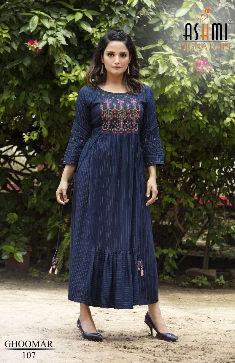 GHOOMAR BY ASHMI 101 TO 108 SERIES BEAUTIFUL STYLISH FANCY COLORFUL CASUAL WEAR & ETHNIC WEAR HEAVY RAYON EMBROIDERED GOWNS AT WHOLESALE PRICE