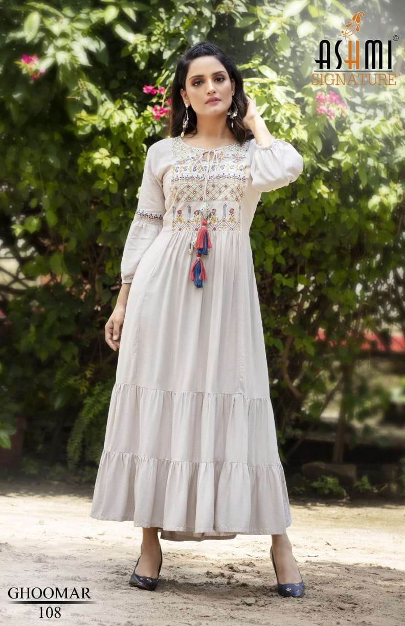 GHOOMAR BY ASHMI 101 TO 108 SERIES BEAUTIFUL STYLISH FANCY COLORFUL CASUAL WEAR & ETHNIC WEAR HEAVY RAYON EMBROIDERED GOWNS AT WHOLESALE PRICE