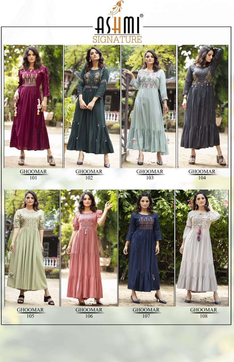 GHOOMAR BY ASHMI 101 TO 108 SERIES BEAUTIFUL STYLISH FANCY COLORFUL CASUAL WEAR & ETHNIC WEAR HEAVY RAYON EMBROIDERED GOWNS AT WHOLESALE PRICE