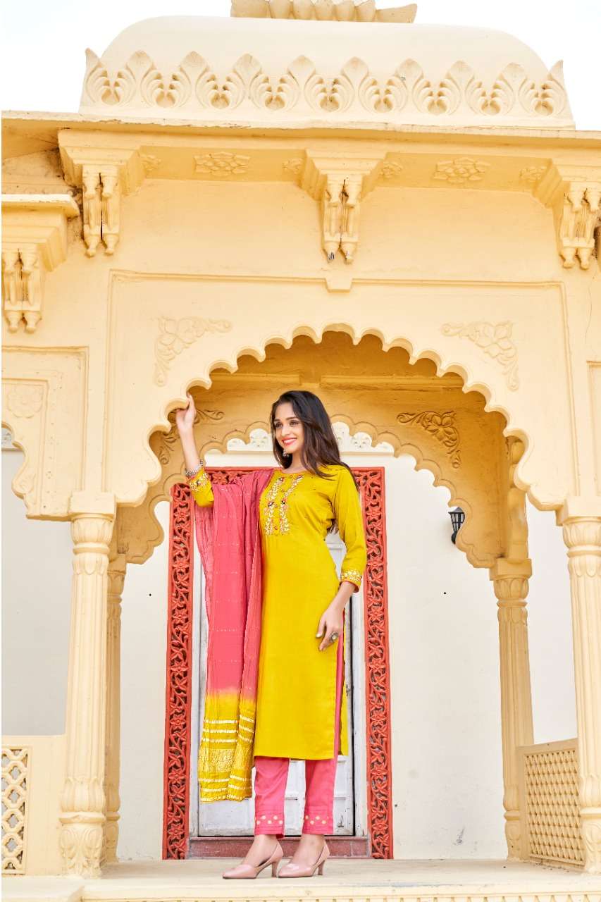 KALAVATI BY KRISHA EXPORTS 5001 TO 5005 SERIES BEAUTIFUL SUITS COLORFUL STYLISH FANCY CASUAL WEAR & ETHNIC WEAR CHINNON EMBROIDERED DRESSES AT WHOLESALE PRICE