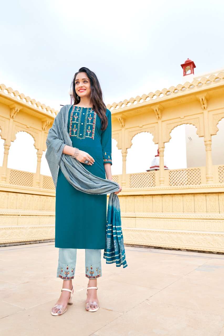 KALAVATI BY KRISHA EXPORTS 5001 TO 5005 SERIES BEAUTIFUL SUITS COLORFUL STYLISH FANCY CASUAL WEAR & ETHNIC WEAR CHINNON EMBROIDERED DRESSES AT WHOLESALE PRICE