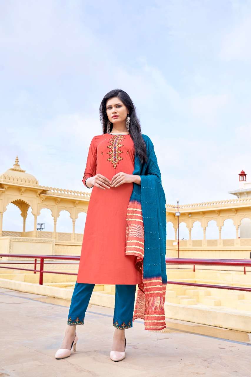 KALAVATI BY KRISHA EXPORTS 5001 TO 5005 SERIES BEAUTIFUL SUITS COLORFUL STYLISH FANCY CASUAL WEAR & ETHNIC WEAR CHINNON EMBROIDERED DRESSES AT WHOLESALE PRICE