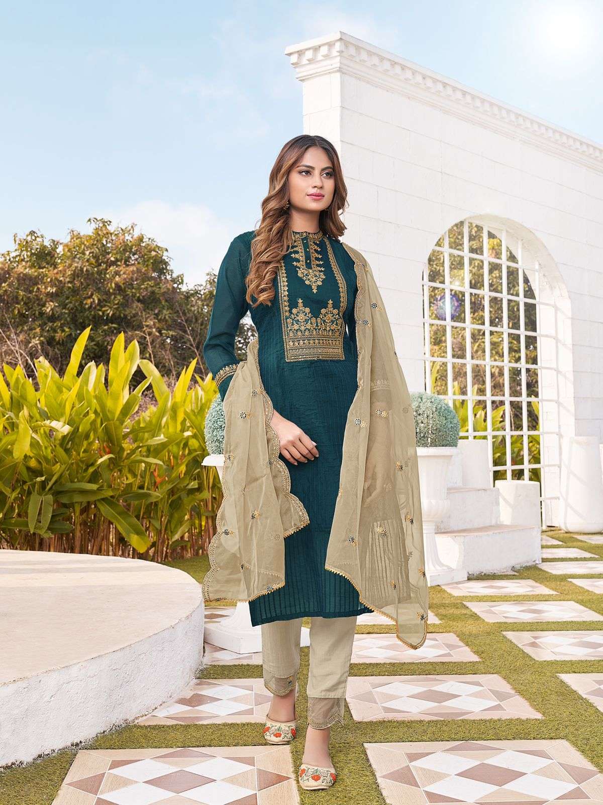 SHUBHARAMBH BY RT 8007 TO 8012 SERIES BEAUTIFUL SUITS COLORFUL STYLISH FANCY CASUAL WEAR & ETHNIC WEAR CHANDERI EMBROIDERED DRESSES AT WHOLESALE PRICE