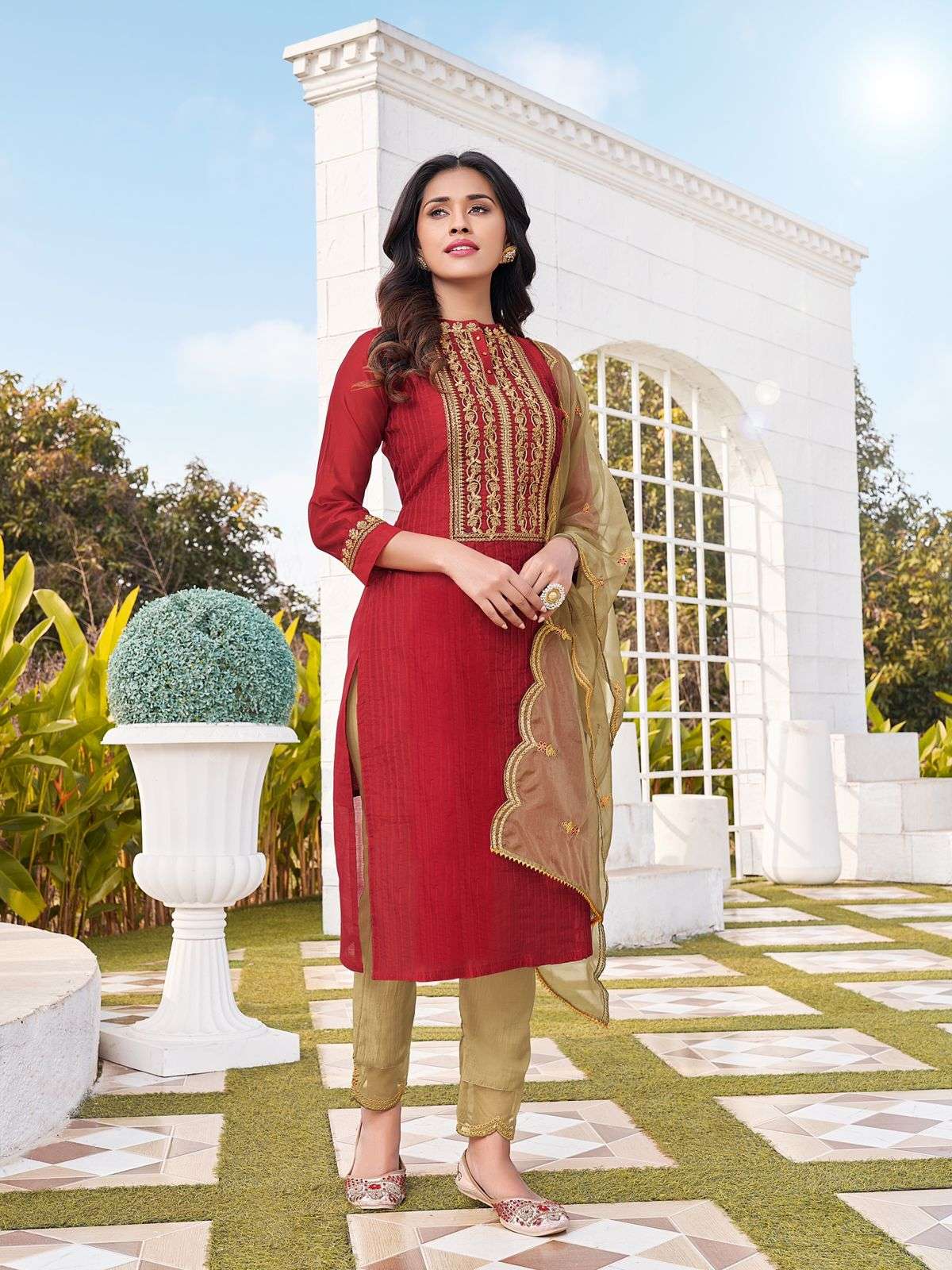 SHUBHARAMBH BY RT 8007 TO 8012 SERIES BEAUTIFUL SUITS COLORFUL STYLISH FANCY CASUAL WEAR & ETHNIC WEAR CHANDERI EMBROIDERED DRESSES AT WHOLESALE PRICE