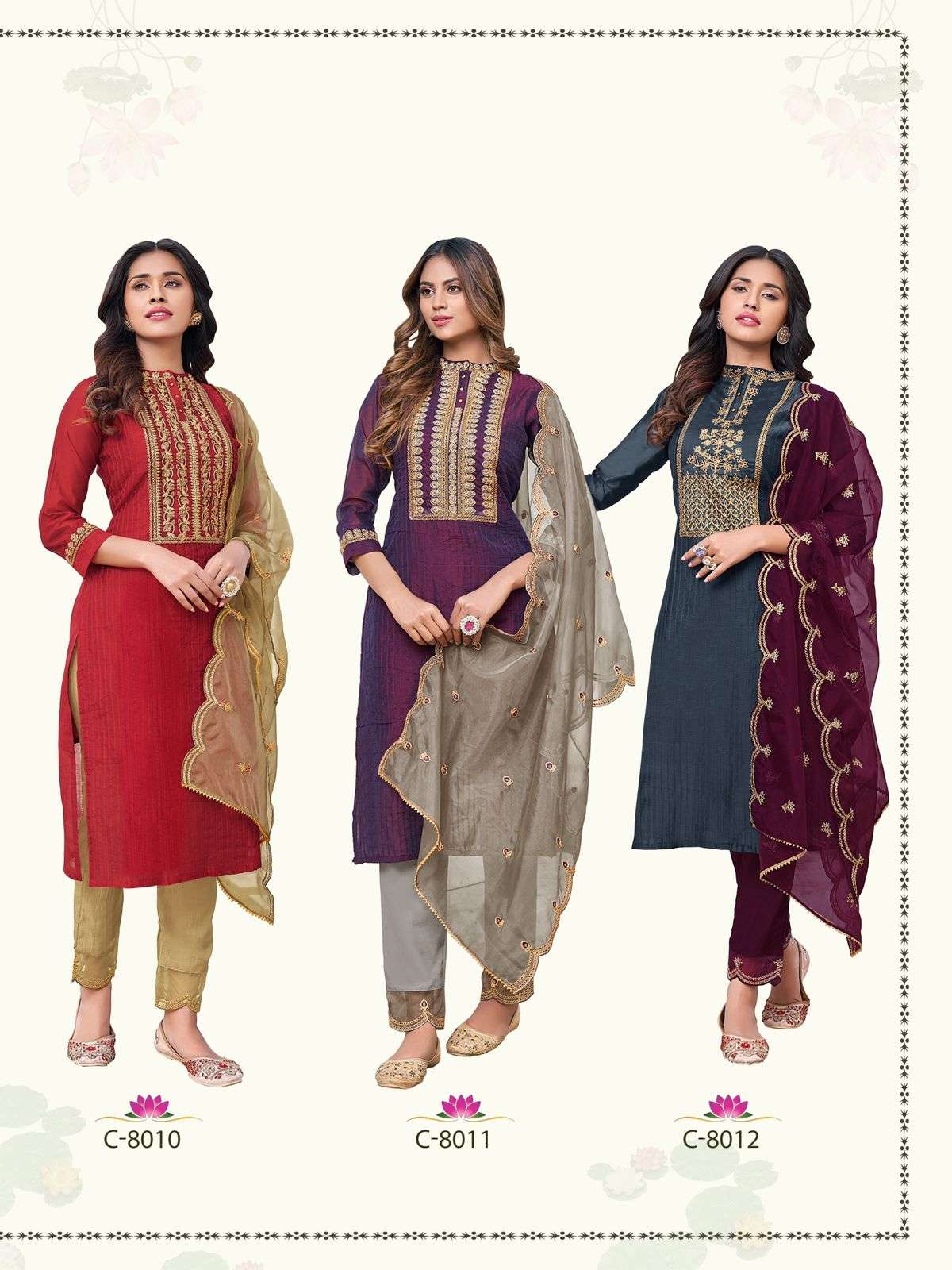 SHUBHARAMBH BY RT 8007 TO 8012 SERIES BEAUTIFUL SUITS COLORFUL STYLISH FANCY CASUAL WEAR & ETHNIC WEAR CHANDERI EMBROIDERED DRESSES AT WHOLESALE PRICE