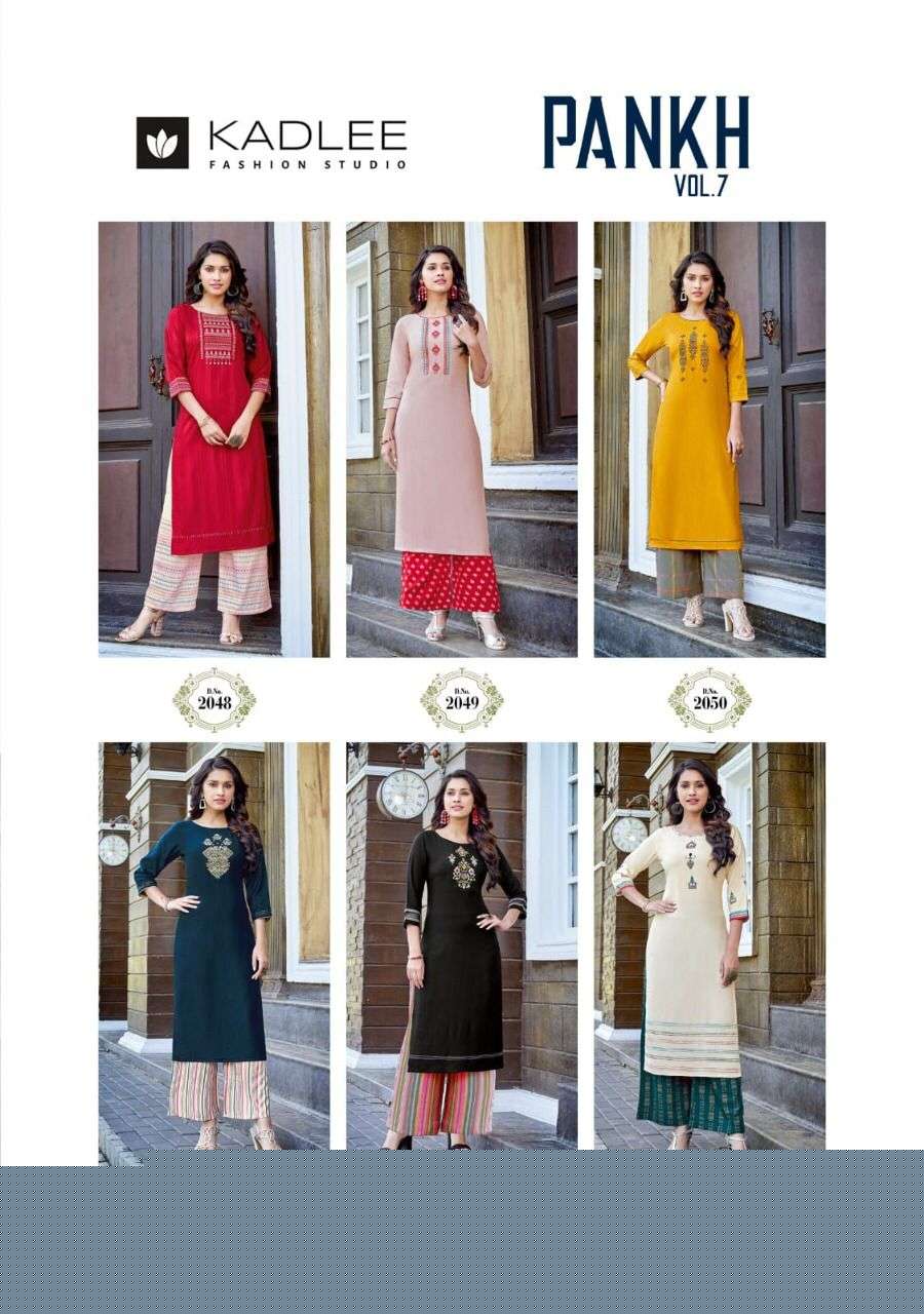 PANKH VOL-7 BY KADLEE 2048 TO 2053 SERIES DESIGNER STYLISH FANCY COLORFUL BEAUTIFUL PARTY WEAR & ETHNIC WEAR COLLECTION HEAVY RAYON KURTIS WITH BOTTOM AT WHOLESALE PRICE