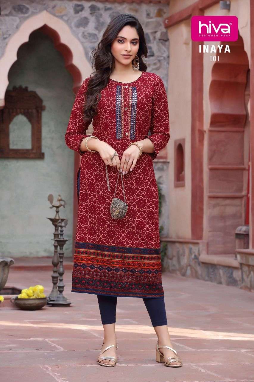INAYA BY HIVA 101 TO 106 SERIES DESIGNER STYLISH FANCY COLORFUL BEAUTIFUL PARTY WEAR & ETHNIC WEAR COLLECTION RAYON PRINT KURTIS AT WHOLESALE PRICE