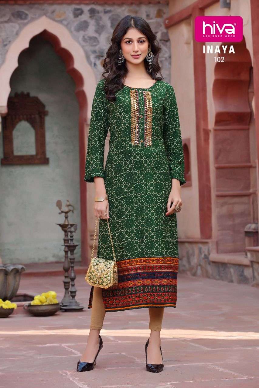 INAYA BY HIVA 101 TO 106 SERIES DESIGNER STYLISH FANCY COLORFUL BEAUTIFUL PARTY WEAR & ETHNIC WEAR COLLECTION RAYON PRINT KURTIS AT WHOLESALE PRICE