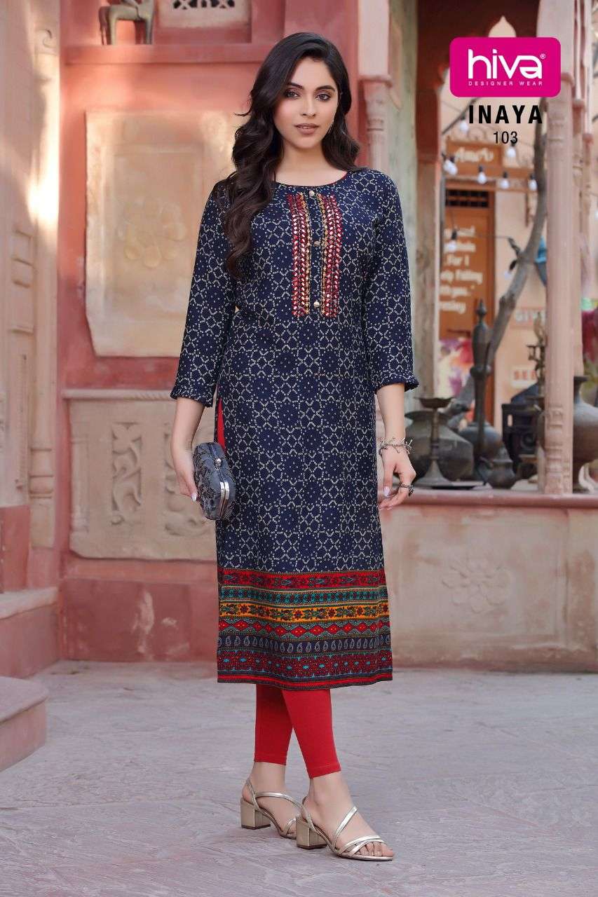 INAYA BY HIVA 101 TO 106 SERIES DESIGNER STYLISH FANCY COLORFUL BEAUTIFUL PARTY WEAR & ETHNIC WEAR COLLECTION RAYON PRINT KURTIS AT WHOLESALE PRICE