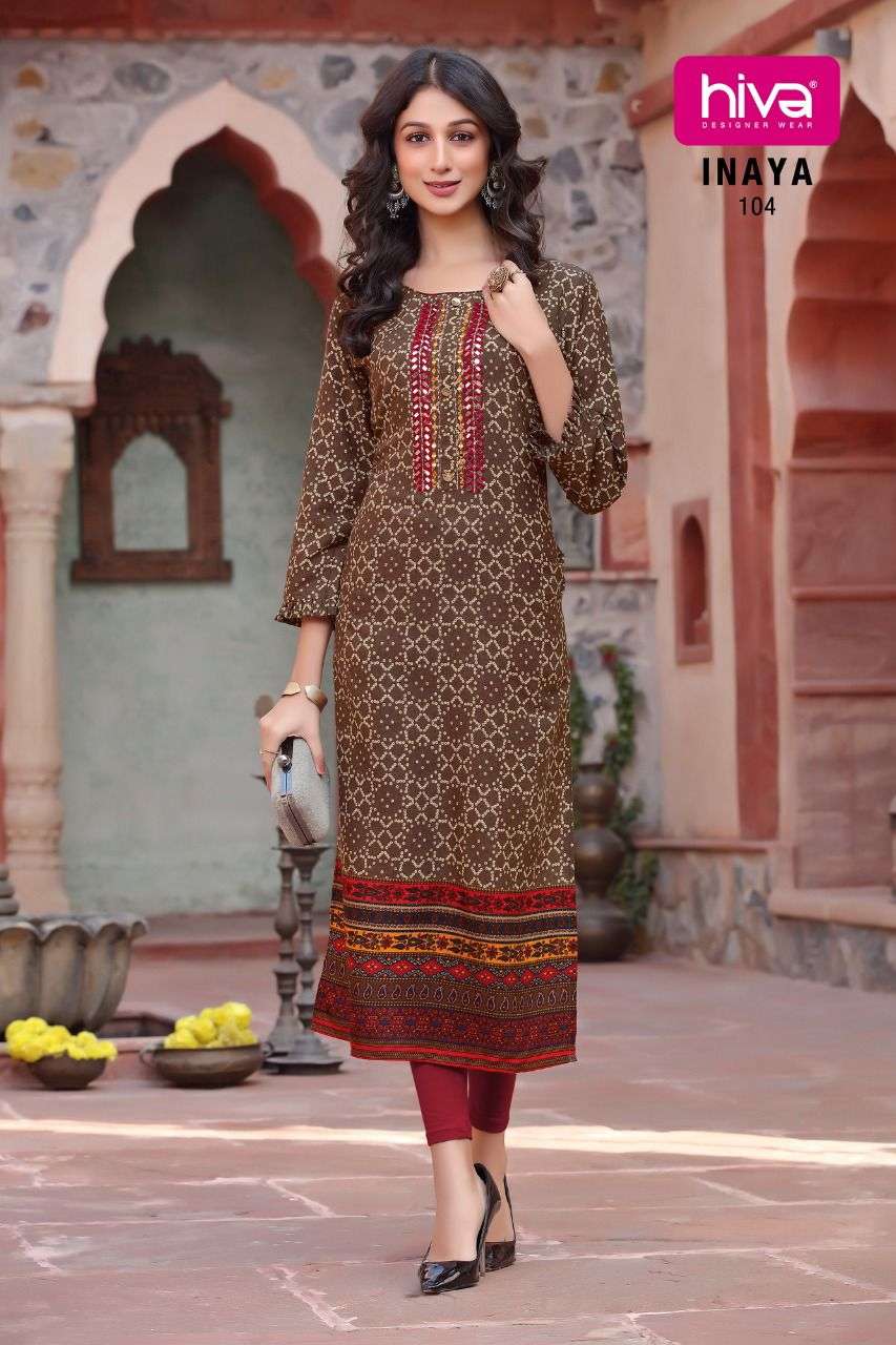 INAYA BY HIVA 101 TO 106 SERIES DESIGNER STYLISH FANCY COLORFUL BEAUTIFUL PARTY WEAR & ETHNIC WEAR COLLECTION RAYON PRINT KURTIS AT WHOLESALE PRICE