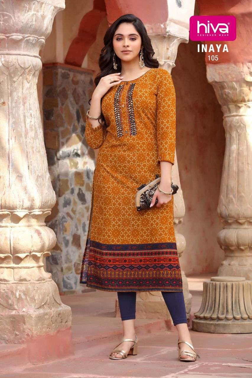 INAYA BY HIVA 101 TO 106 SERIES DESIGNER STYLISH FANCY COLORFUL BEAUTIFUL PARTY WEAR & ETHNIC WEAR COLLECTION RAYON PRINT KURTIS AT WHOLESALE PRICE