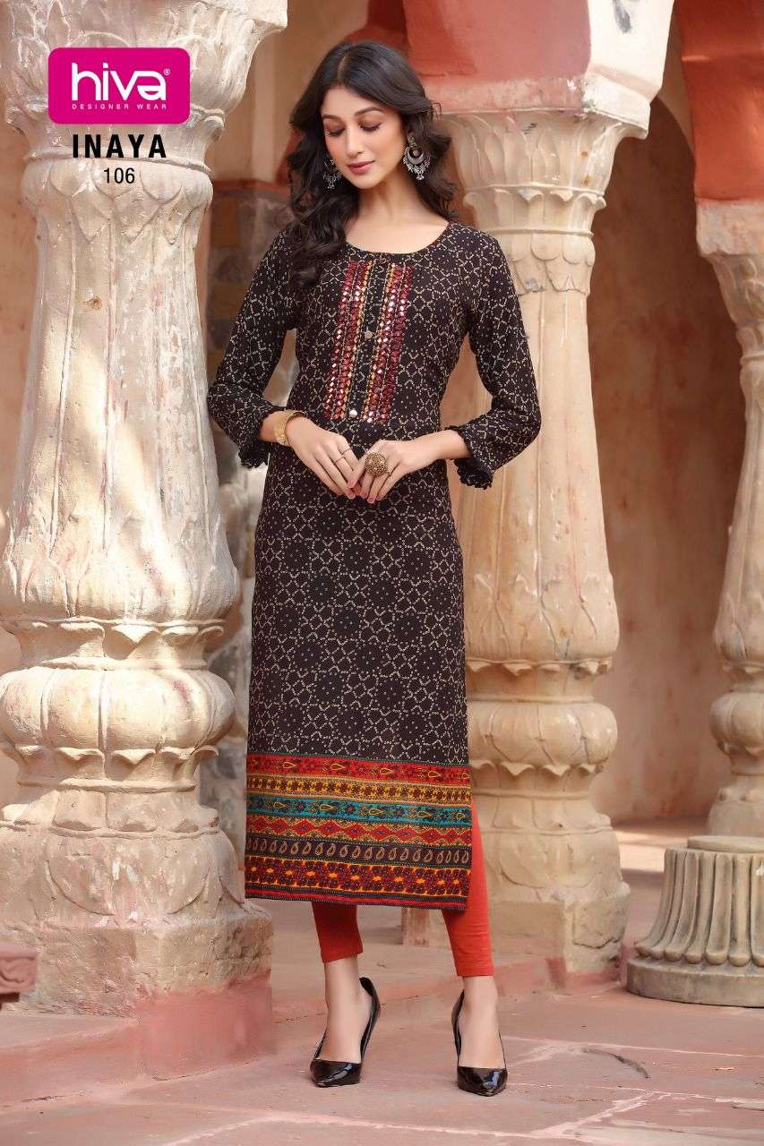 INAYA BY HIVA 101 TO 106 SERIES DESIGNER STYLISH FANCY COLORFUL BEAUTIFUL PARTY WEAR & ETHNIC WEAR COLLECTION RAYON PRINT KURTIS AT WHOLESALE PRICE