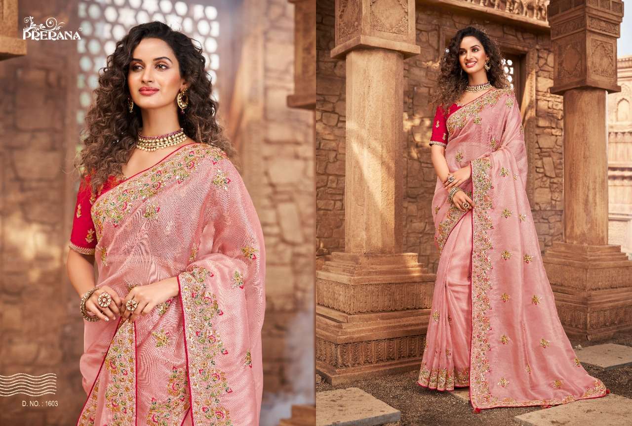 PRERANA 1601 SERIES BY PRERANA 1601 TO 1609 SERIES INDIAN TRADITIONAL WEAR COLLECTION BEAUTIFUL STYLISH FANCY COLORFUL PARTY WEAR & OCCASIONAL WEAR ORGANZA SAREES AT WHOLESALE PRICE