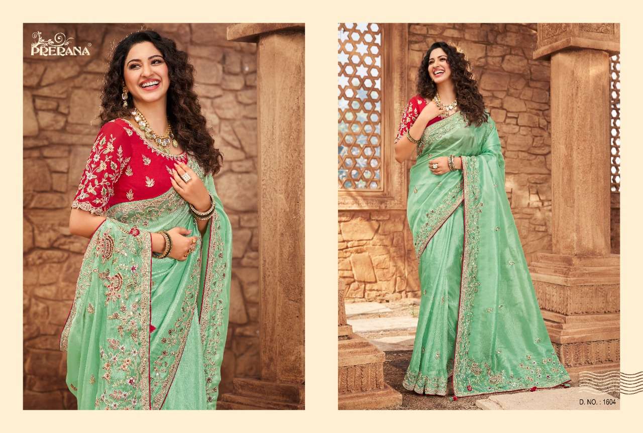 PRERANA 1601 SERIES BY PRERANA 1601 TO 1609 SERIES INDIAN TRADITIONAL WEAR COLLECTION BEAUTIFUL STYLISH FANCY COLORFUL PARTY WEAR & OCCASIONAL WEAR ORGANZA SAREES AT WHOLESALE PRICE