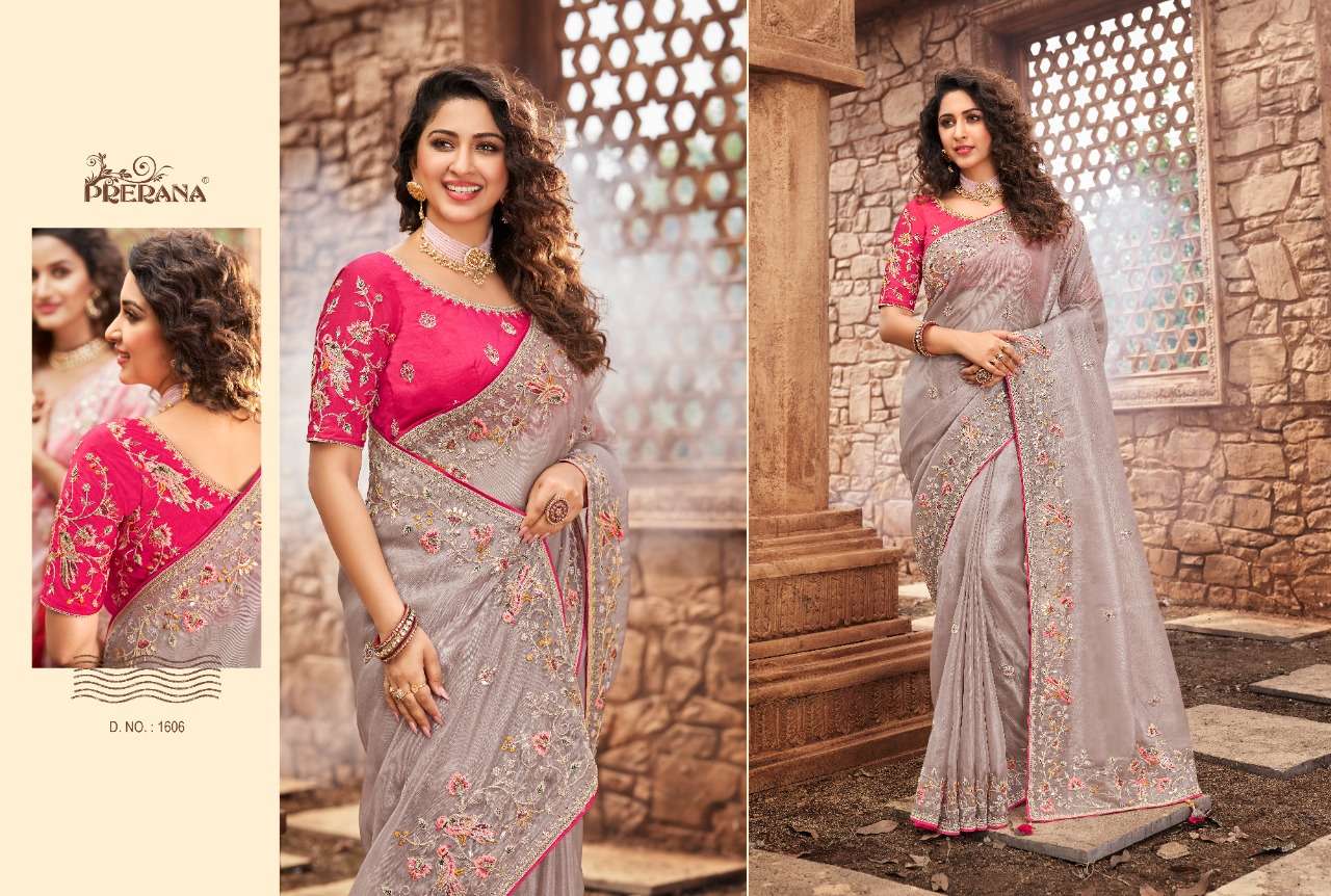 PRERANA 1601 SERIES BY PRERANA 1601 TO 1609 SERIES INDIAN TRADITIONAL WEAR COLLECTION BEAUTIFUL STYLISH FANCY COLORFUL PARTY WEAR & OCCASIONAL WEAR ORGANZA SAREES AT WHOLESALE PRICE