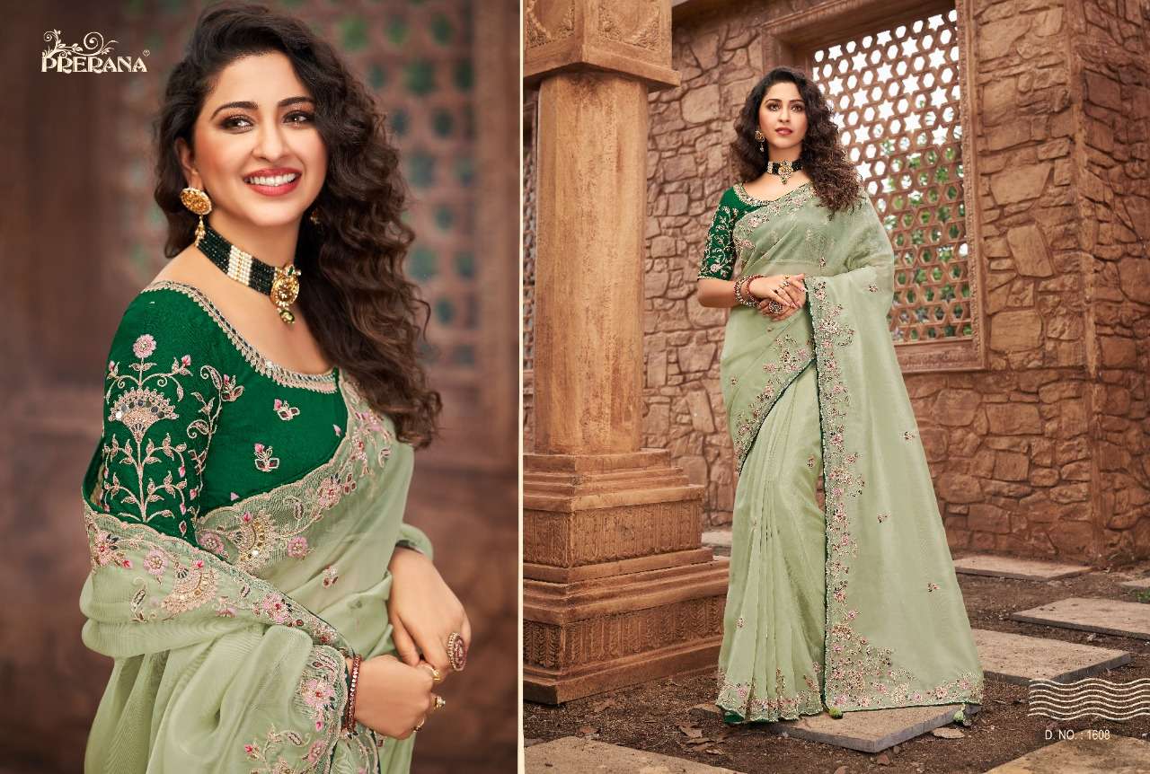 PRERANA 1601 SERIES BY PRERANA 1601 TO 1609 SERIES INDIAN TRADITIONAL WEAR COLLECTION BEAUTIFUL STYLISH FANCY COLORFUL PARTY WEAR & OCCASIONAL WEAR ORGANZA SAREES AT WHOLESALE PRICE