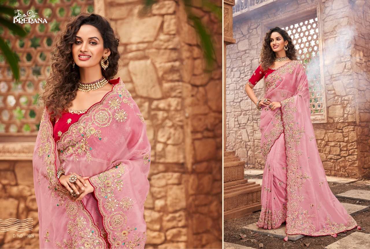 PRERANA 1601 SERIES BY PRERANA 1601 TO 1609 SERIES INDIAN TRADITIONAL WEAR COLLECTION BEAUTIFUL STYLISH FANCY COLORFUL PARTY WEAR & OCCASIONAL WEAR ORGANZA SAREES AT WHOLESALE PRICE