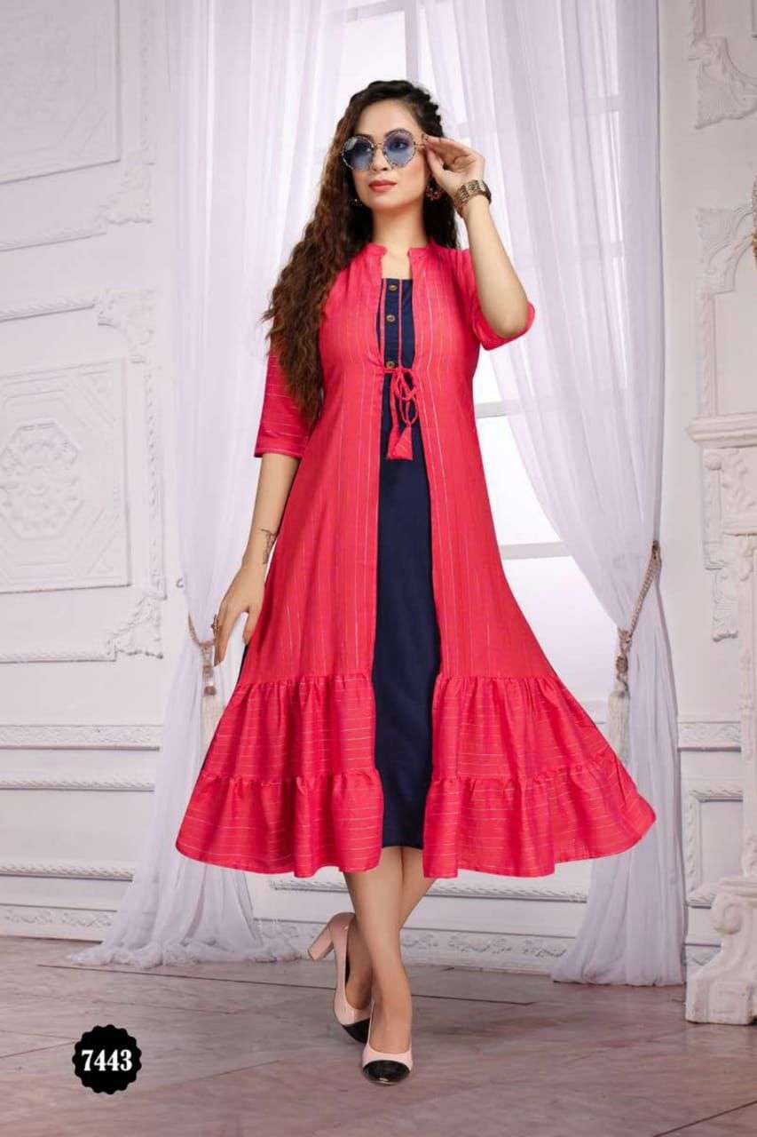 LADALI VOL-2 BY BEAUTY QUEEN 7443-A TO 7443-F SERIES DESIGNER STYLISH FANCY COLORFUL BEAUTIFUL PARTY WEAR & ETHNIC WEAR COLLECTION HEAVY RAYON KURTIS WITH JACKET AT WHOLESALE PRICE