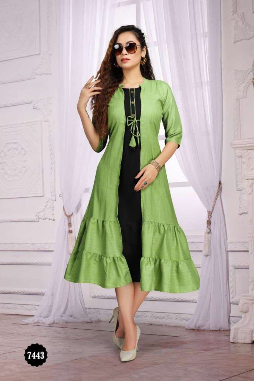 LADALI VOL-2 BY BEAUTY QUEEN 7443-A TO 7443-F SERIES DESIGNER STYLISH FANCY COLORFUL BEAUTIFUL PARTY WEAR & ETHNIC WEAR COLLECTION HEAVY RAYON KURTIS WITH JACKET AT WHOLESALE PRICE