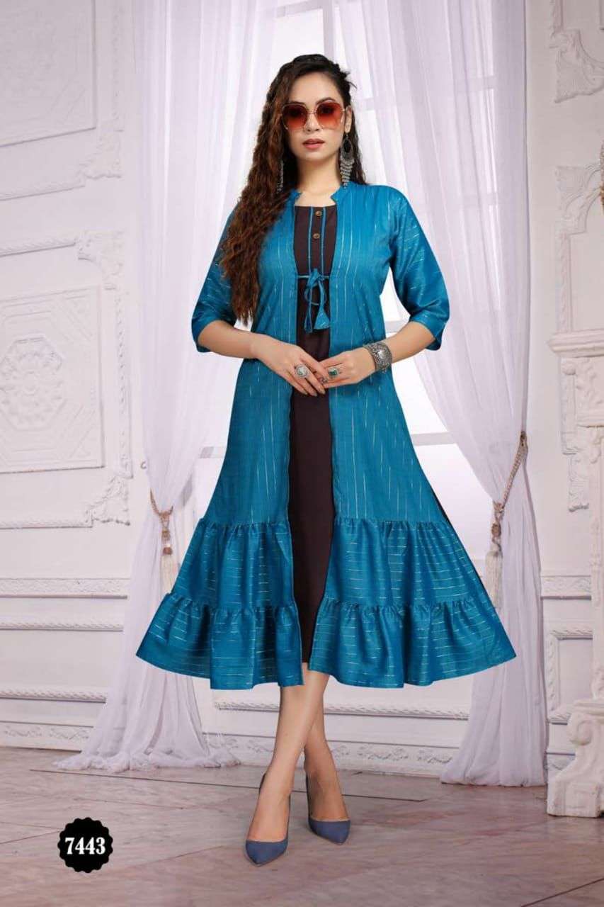 LADALI VOL-2 BY BEAUTY QUEEN 7443-A TO 7443-F SERIES DESIGNER STYLISH FANCY COLORFUL BEAUTIFUL PARTY WEAR & ETHNIC WEAR COLLECTION HEAVY RAYON KURTIS WITH JACKET AT WHOLESALE PRICE