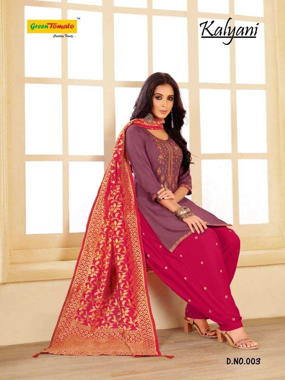 KALYANI BY GREEN TOMATO 001 TO 008 SERIES BEAUTIFUL PATIYALA SUITS COLORFUL STYLISH FANCY CASUAL WEAR & ETHNIC WEAR HEAVY RAYON EMBOIDERED DRESSES AT WHOLESALE PRICE