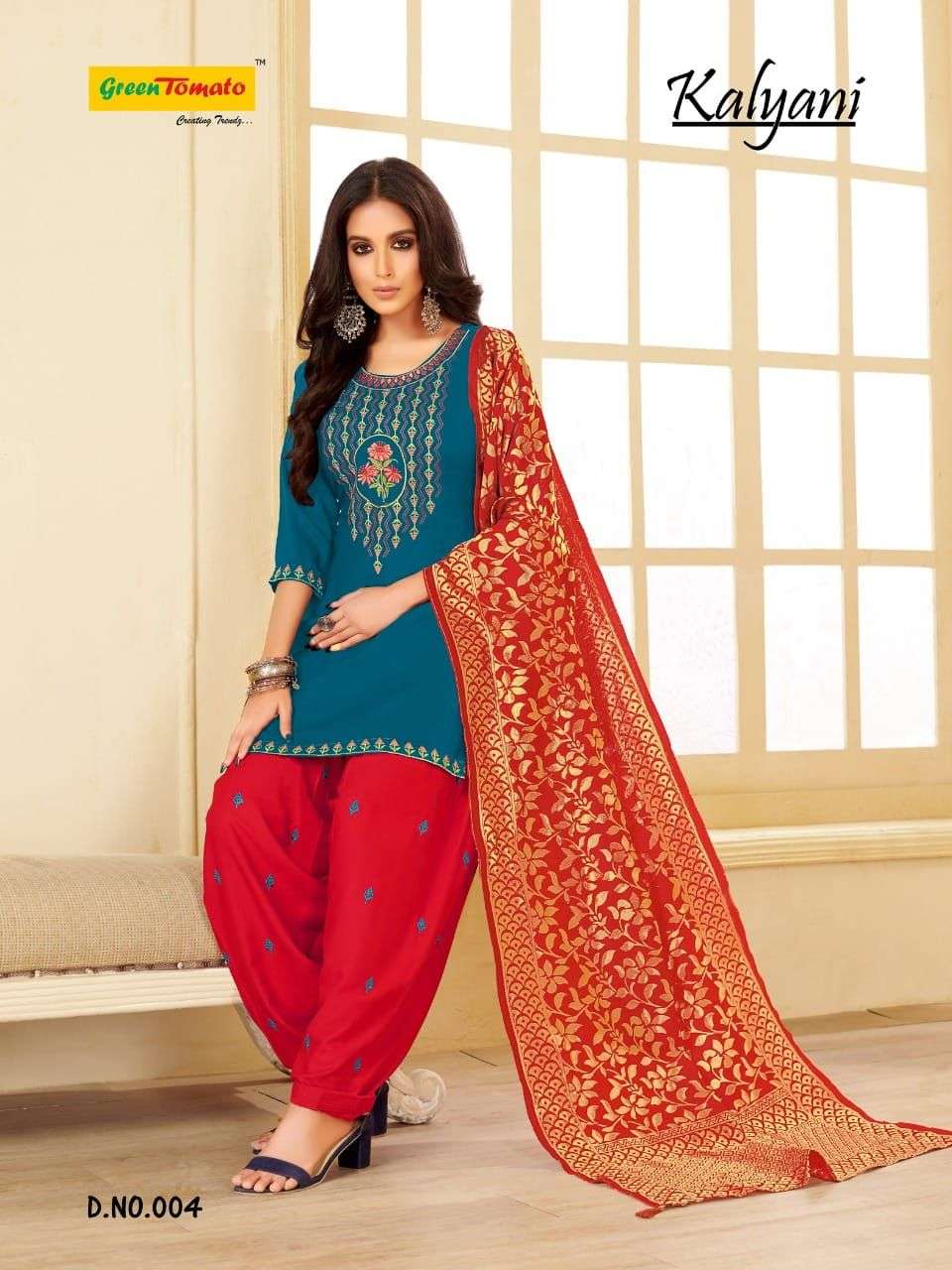 KALYANI BY GREEN TOMATO 001 TO 008 SERIES BEAUTIFUL PATIYALA SUITS COLORFUL STYLISH FANCY CASUAL WEAR & ETHNIC WEAR HEAVY RAYON EMBOIDERED DRESSES AT WHOLESALE PRICE