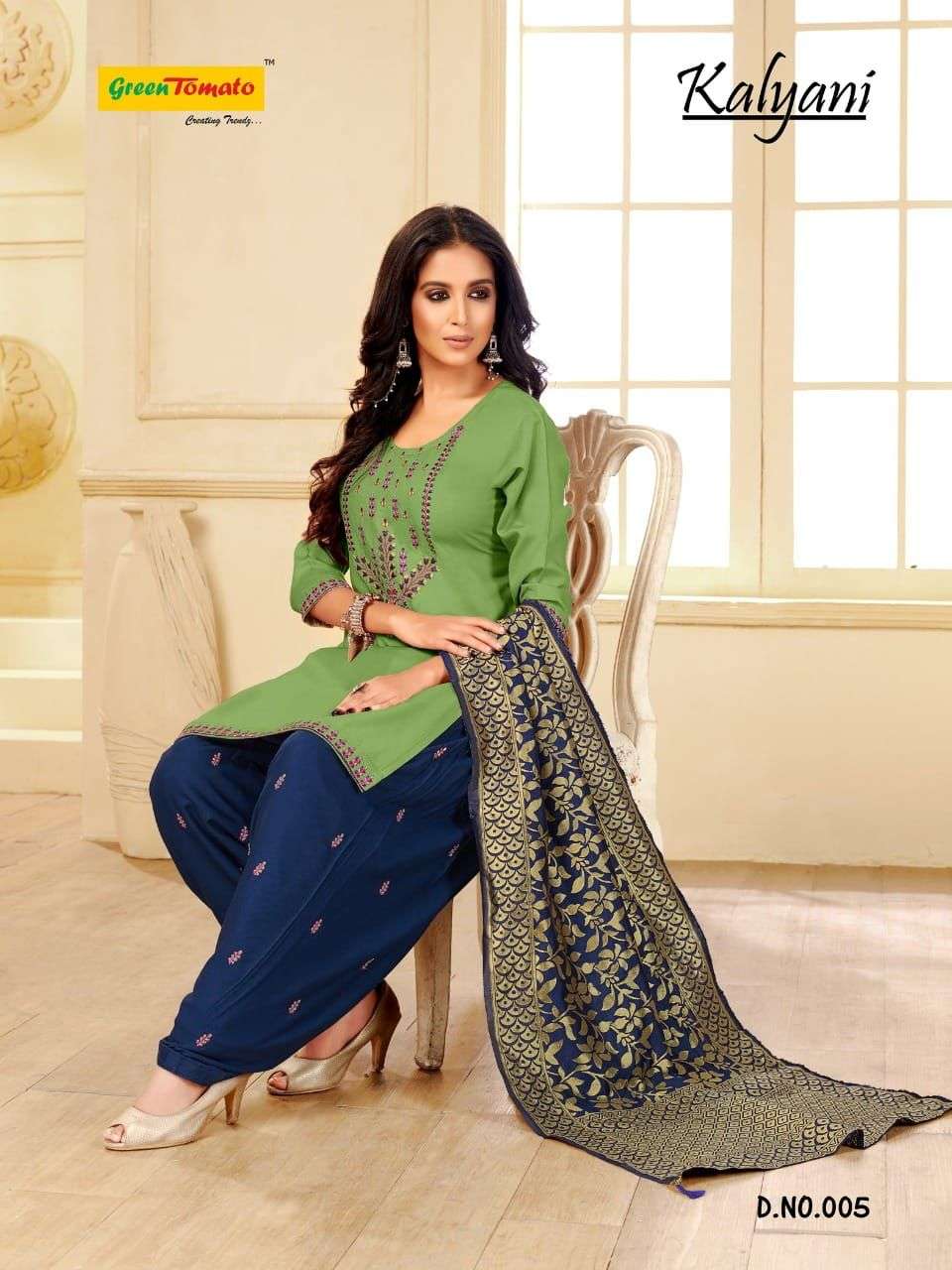 KALYANI BY GREEN TOMATO 001 TO 008 SERIES BEAUTIFUL PATIYALA SUITS COLORFUL STYLISH FANCY CASUAL WEAR & ETHNIC WEAR HEAVY RAYON EMBOIDERED DRESSES AT WHOLESALE PRICE