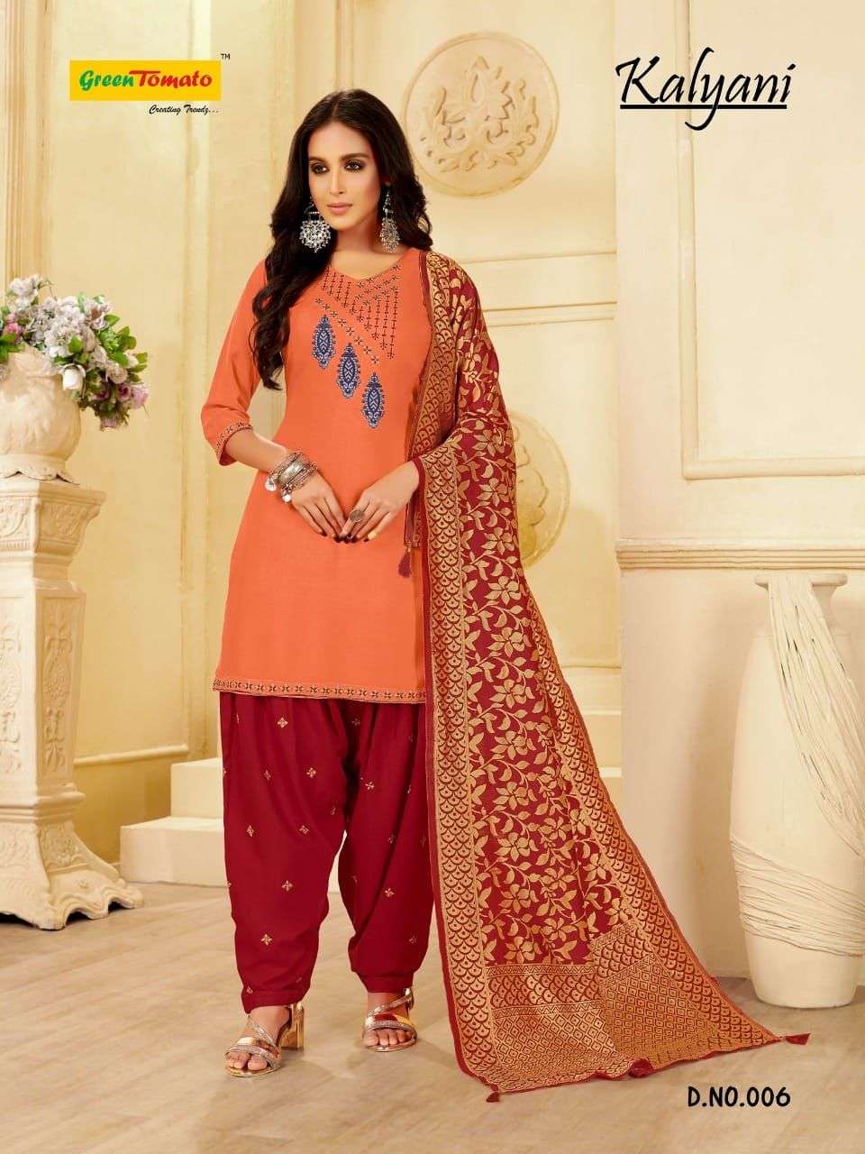 KALYANI BY GREEN TOMATO 001 TO 008 SERIES BEAUTIFUL PATIYALA SUITS COLORFUL STYLISH FANCY CASUAL WEAR & ETHNIC WEAR HEAVY RAYON EMBOIDERED DRESSES AT WHOLESALE PRICE