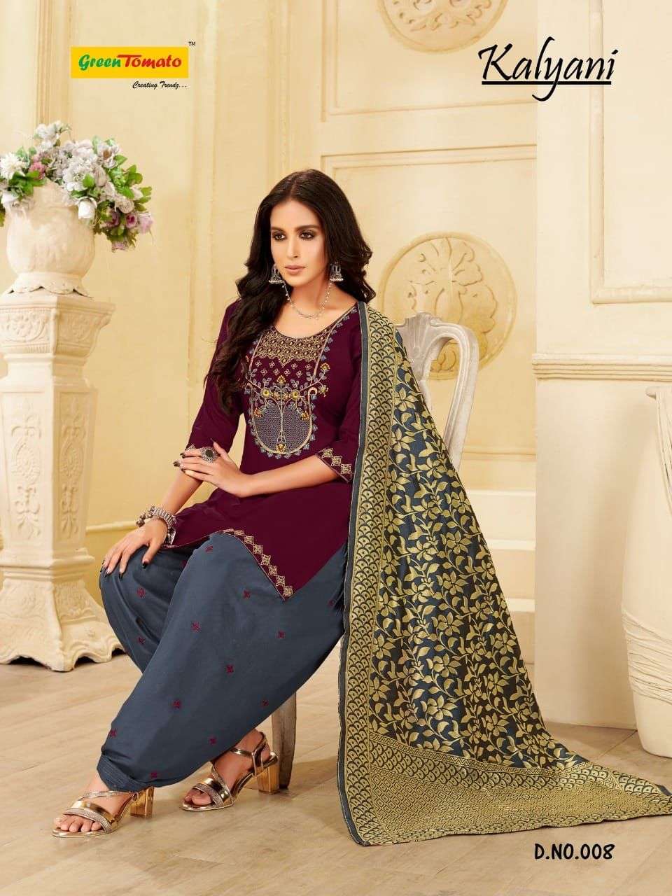 KALYANI BY GREEN TOMATO 001 TO 008 SERIES BEAUTIFUL PATIYALA SUITS COLORFUL STYLISH FANCY CASUAL WEAR & ETHNIC WEAR HEAVY RAYON EMBOIDERED DRESSES AT WHOLESALE PRICE