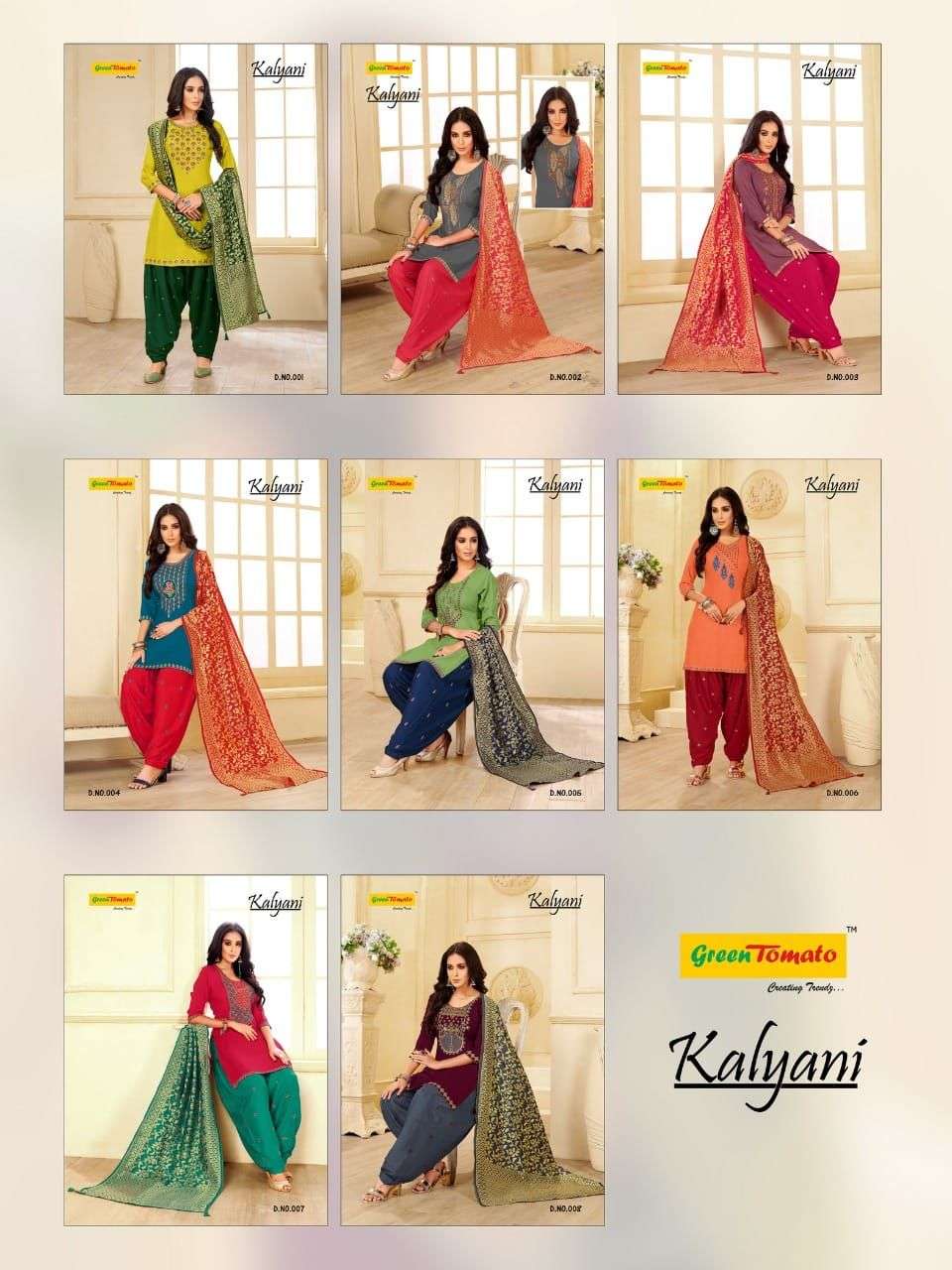 KALYANI BY GREEN TOMATO 001 TO 008 SERIES BEAUTIFUL PATIYALA SUITS COLORFUL STYLISH FANCY CASUAL WEAR & ETHNIC WEAR HEAVY RAYON EMBOIDERED DRESSES AT WHOLESALE PRICE