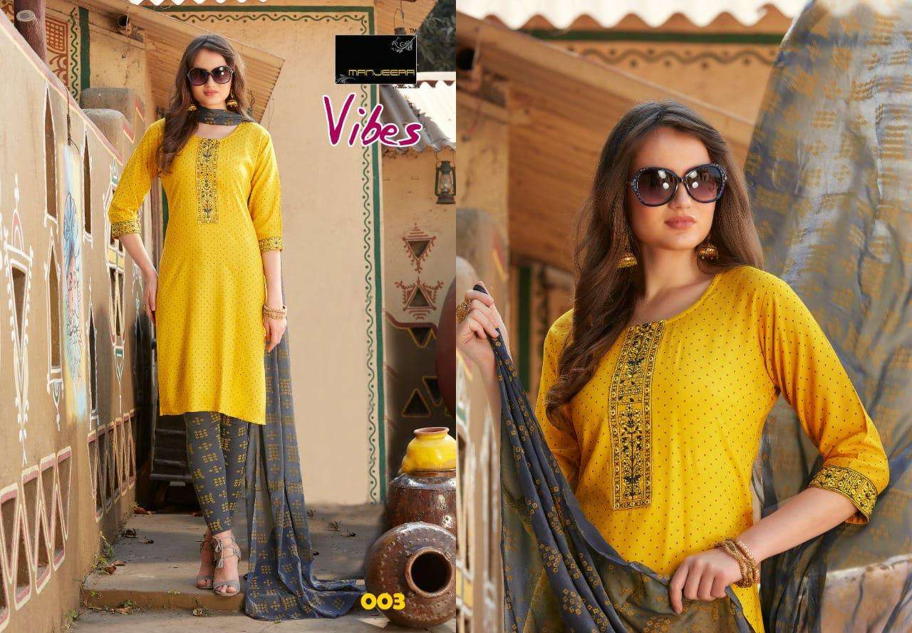 VIBES BY MANJEERA 101 TO 108 SERIES BEAUTIFUL SUITS COLORFUL STYLISH FANCY CASUAL WEAR & ETHNIC WEAR RAYON PRINT WITH WORK DRESSES AT WHOLESALE PRICE