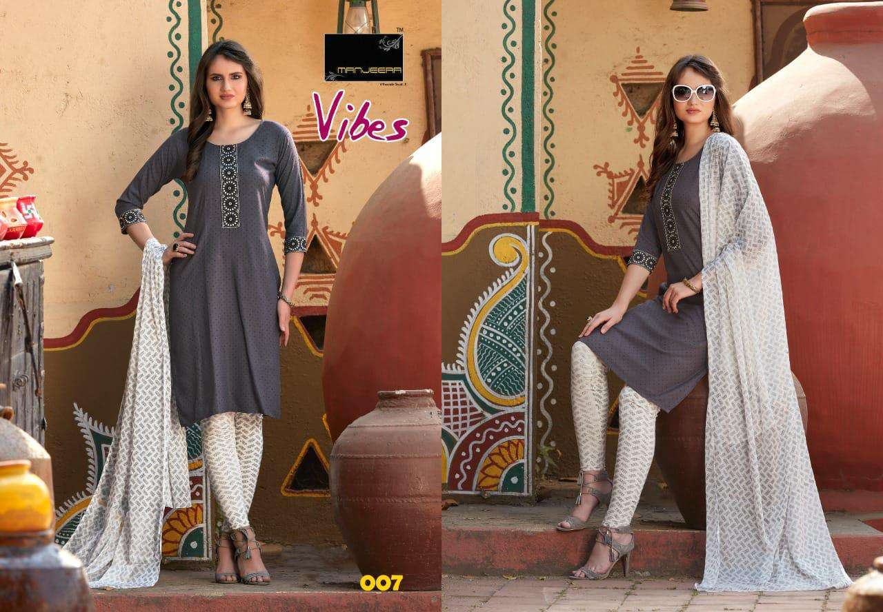 VIBES BY MANJEERA 101 TO 108 SERIES BEAUTIFUL SUITS COLORFUL STYLISH FANCY CASUAL WEAR & ETHNIC WEAR RAYON PRINT WITH WORK DRESSES AT WHOLESALE PRICE
