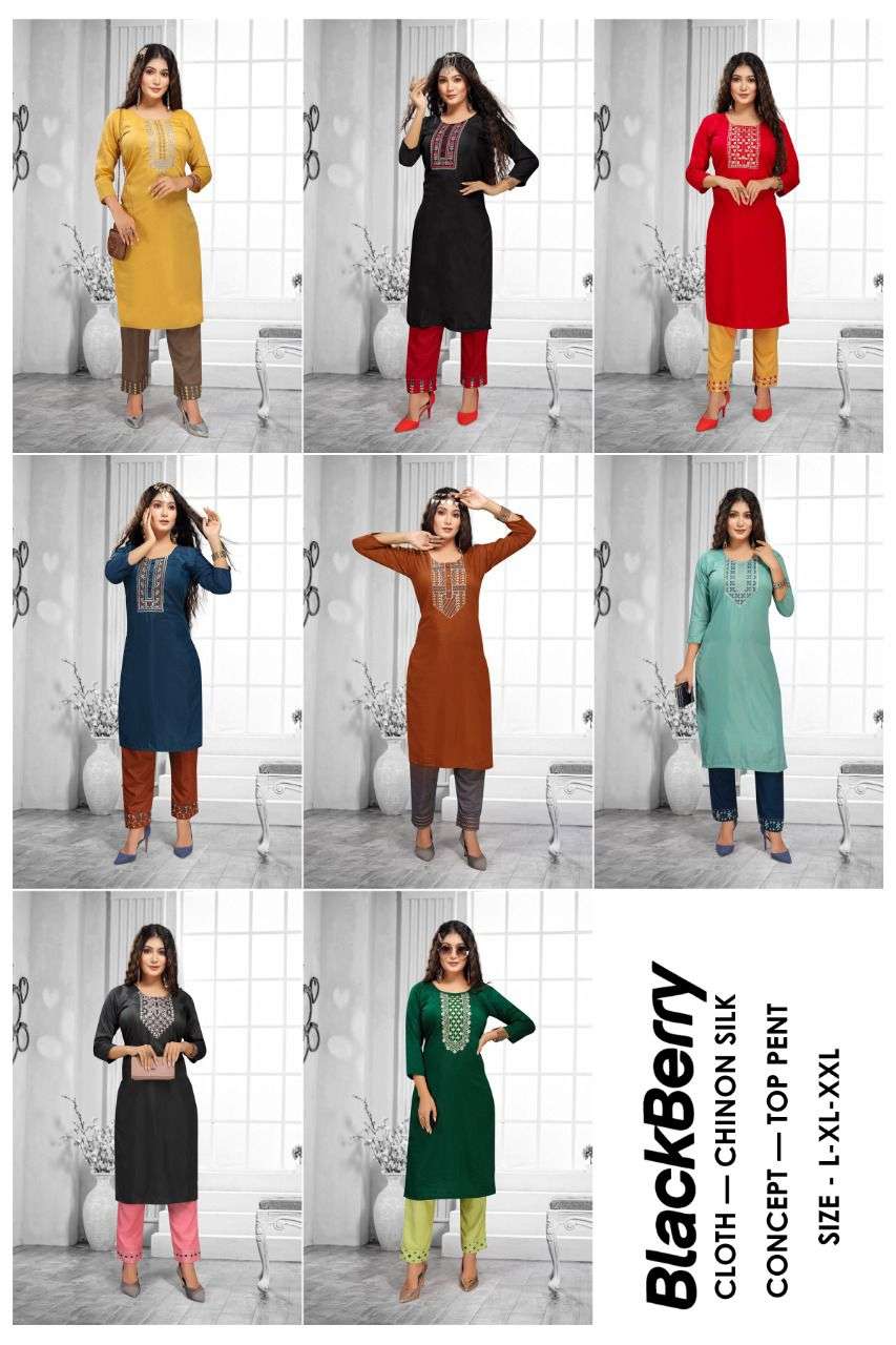 BLACK BERRY BY BEAUTY QUEEN 1001 TO 1008 SERIES DESIGNER STYLISH FANCY COLORFUL BEAUTIFUL PARTY WEAR & ETHNIC WEAR COLLECTION CHINNON SILK KURTIS WITH BOTTOM AT WHOLESALE PRICE