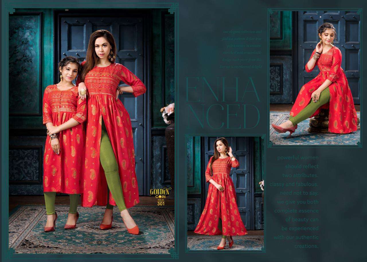 GOLDEN COIN VOL-3 BY BEAUTY QUEEN 301 TO 308 SERIES DESIGNER STYLISH FANCY COLORFUL BEAUTIFUL PARTY WEAR & ETHNIC WEAR COLLECTION HEAVY RAYON GOLD PRINT KURTIS AT WHOLESALE PRICE