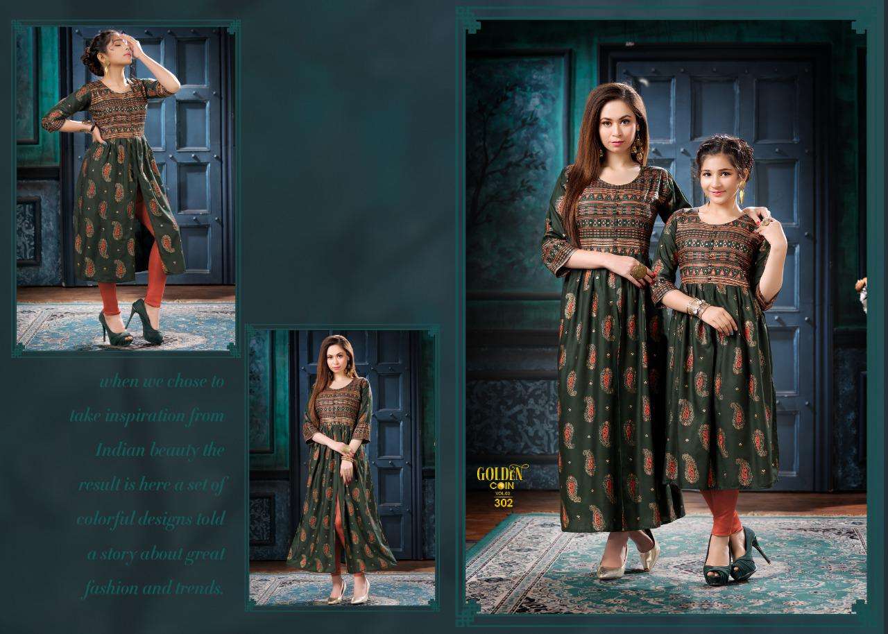 GOLDEN COIN VOL-3 BY BEAUTY QUEEN 301 TO 308 SERIES DESIGNER STYLISH FANCY COLORFUL BEAUTIFUL PARTY WEAR & ETHNIC WEAR COLLECTION HEAVY RAYON GOLD PRINT KURTIS AT WHOLESALE PRICE