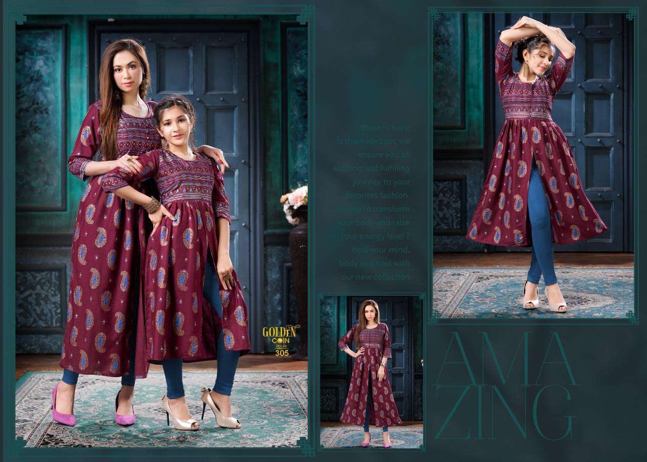 GOLDEN COIN VOL-3 BY BEAUTY QUEEN 301 TO 308 SERIES DESIGNER STYLISH FANCY COLORFUL BEAUTIFUL PARTY WEAR & ETHNIC WEAR COLLECTION HEAVY RAYON GOLD PRINT KURTIS AT WHOLESALE PRICE