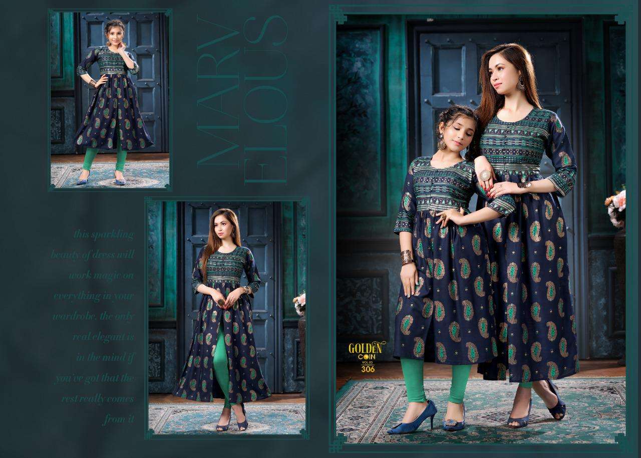 GOLDEN COIN VOL-3 BY BEAUTY QUEEN 301 TO 308 SERIES DESIGNER STYLISH FANCY COLORFUL BEAUTIFUL PARTY WEAR & ETHNIC WEAR COLLECTION HEAVY RAYON GOLD PRINT KURTIS AT WHOLESALE PRICE