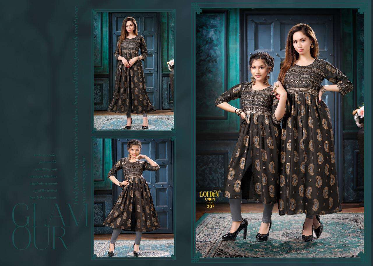 GOLDEN COIN VOL-3 BY BEAUTY QUEEN 301 TO 308 SERIES DESIGNER STYLISH FANCY COLORFUL BEAUTIFUL PARTY WEAR & ETHNIC WEAR COLLECTION HEAVY RAYON GOLD PRINT KURTIS AT WHOLESALE PRICE